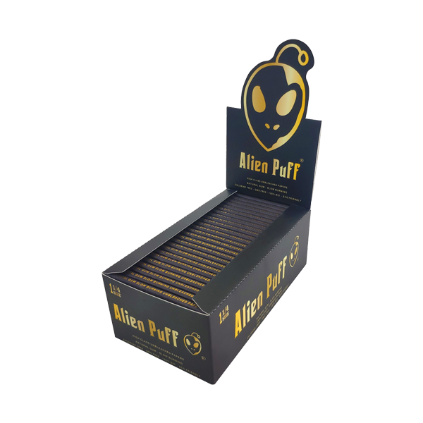 50 Alien Puff Preto e Dourado 1 1/4 Tamanho Papel de Arroz Castanho Não Branqueado ( HP104 )