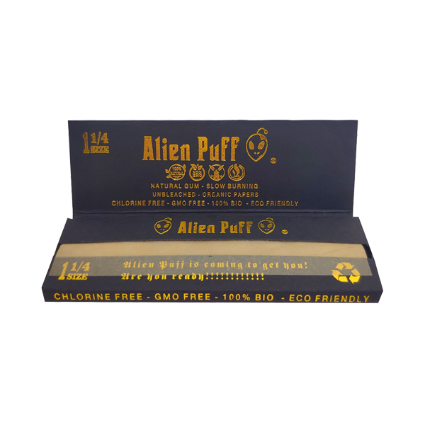 50 Alien Puff Preto e Dourado 1 1/4 Tamanho Papel de Arroz Castanho Não Branqueado ( HP104 )